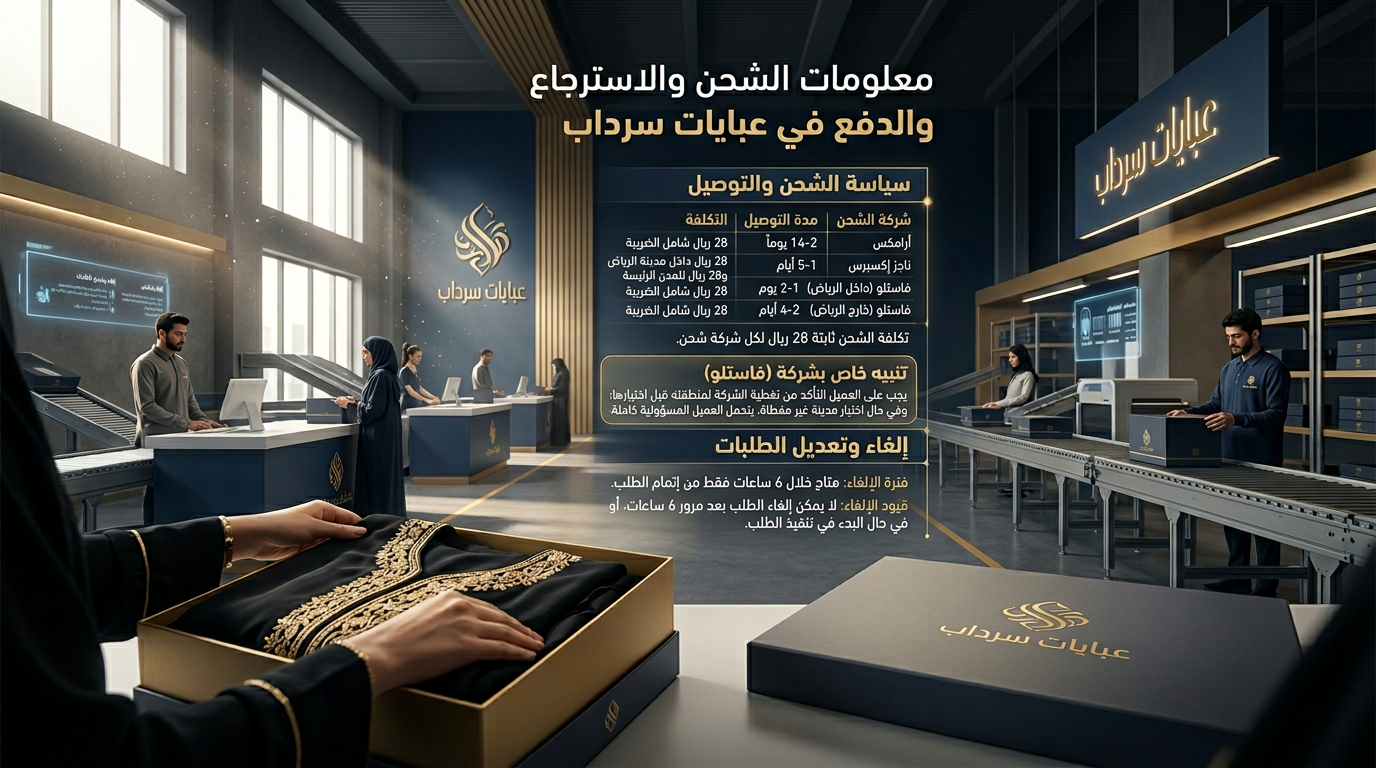 معلومات الشحن والاسترجاع والدفع في عبايات سرداب