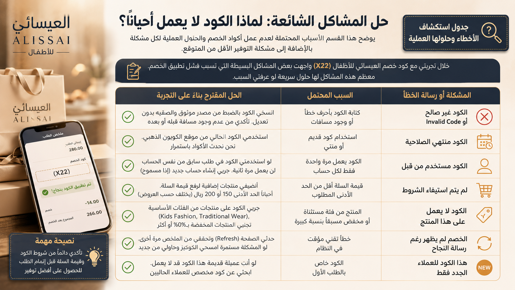 حل مشاكل كود خصم العيسائي